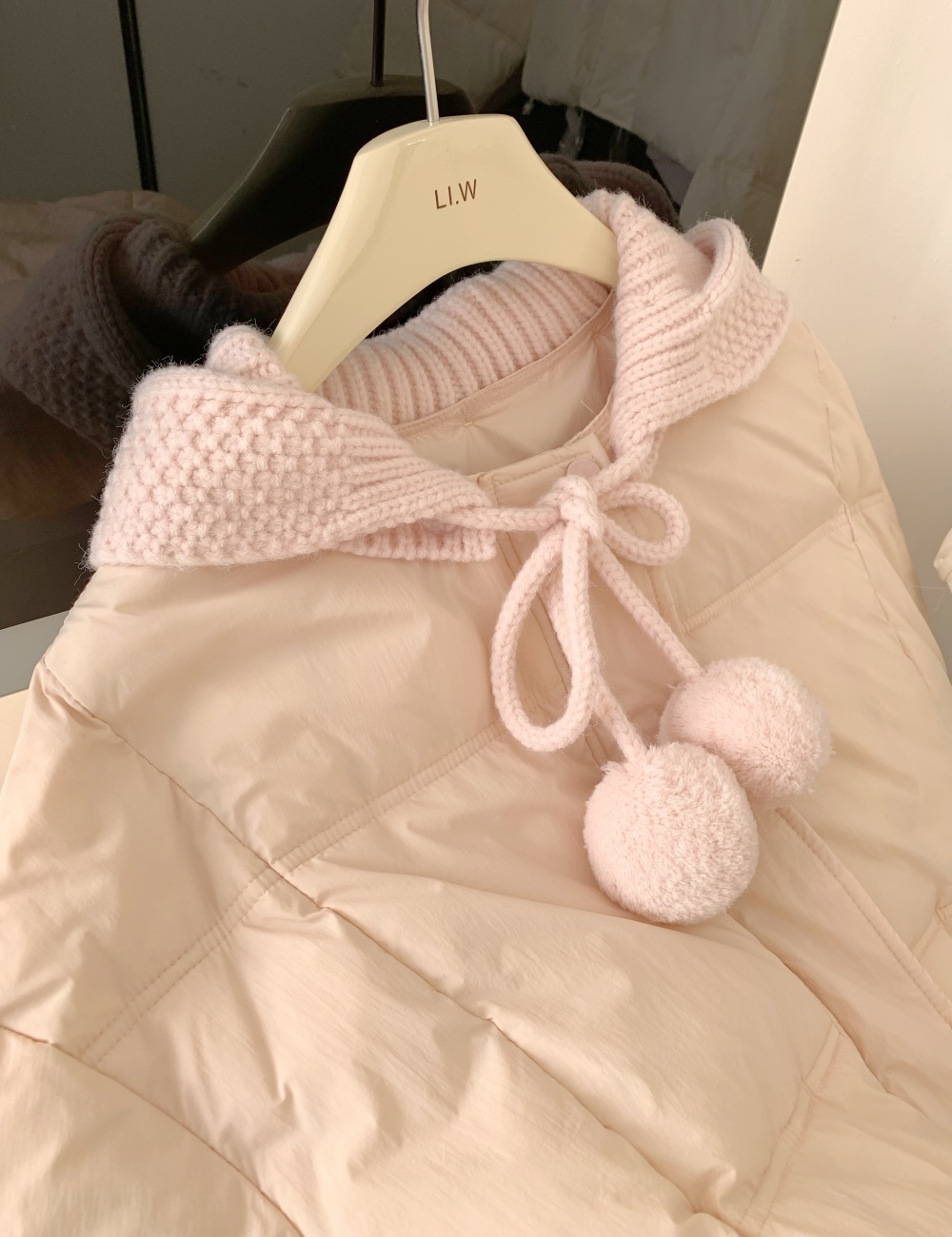 White hooded coat knitted down coat for women