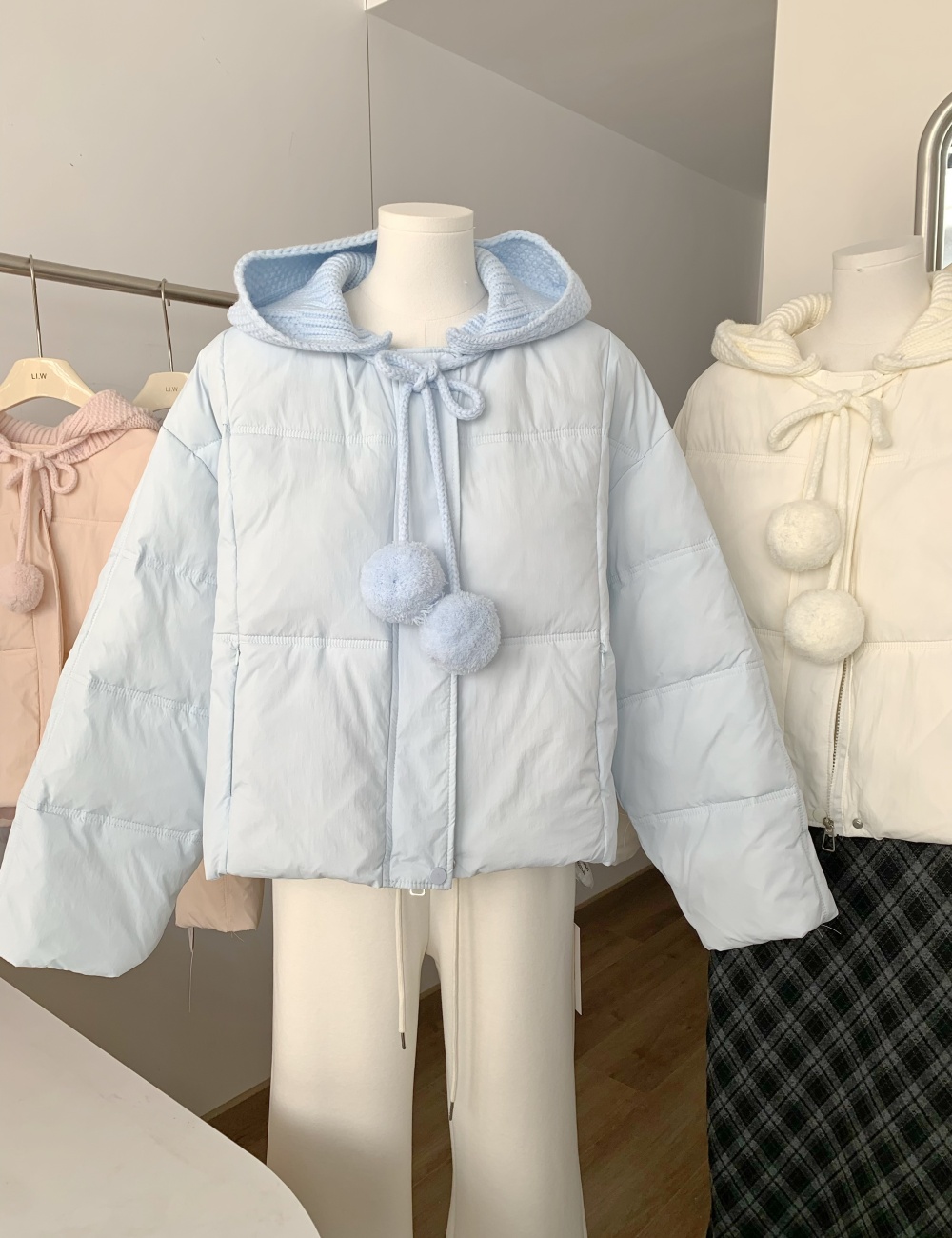 White hooded coat knitted down coat for women