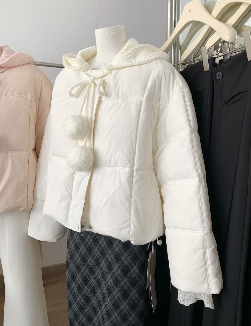 White hooded coat knitted down coat for women