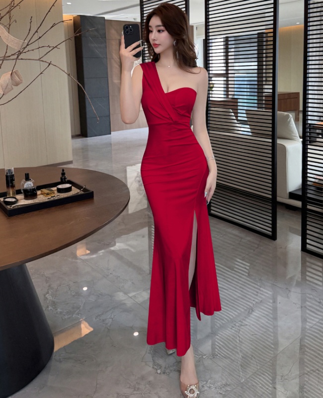 Shoulder slim sexy dress mermaid banquet evening dress