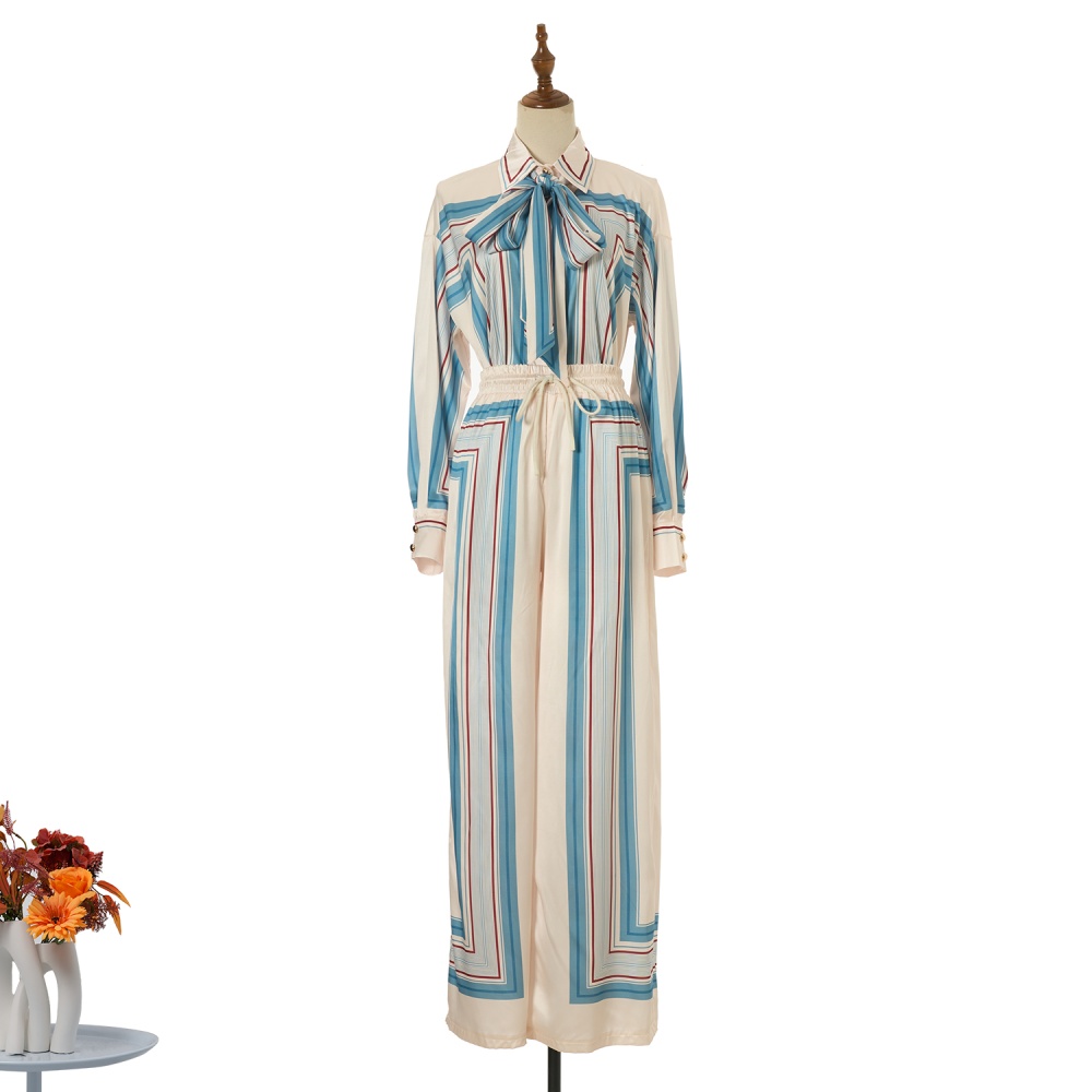 Vacation real silk shirt frenum loose long pants a set