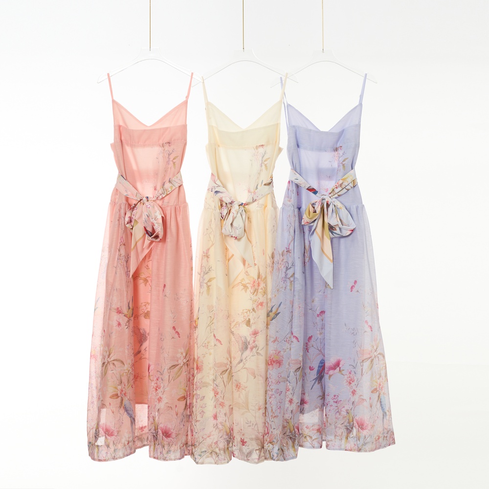 Sling thick and disorderly printing long slim dress