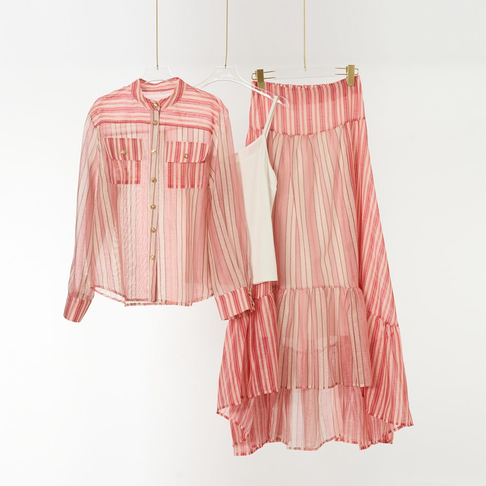 Elastic waist stripe skirt Bohemian style slim shirt 3pcs set