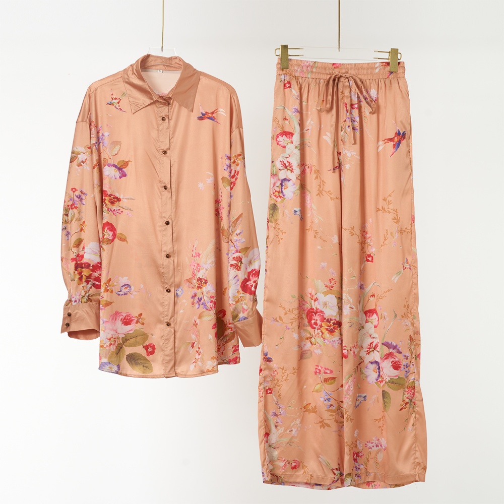 Vacation loose tops satin frenum long pants a set