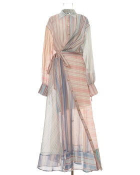 Fashion silk linen jumpsuit splice lapel long dress