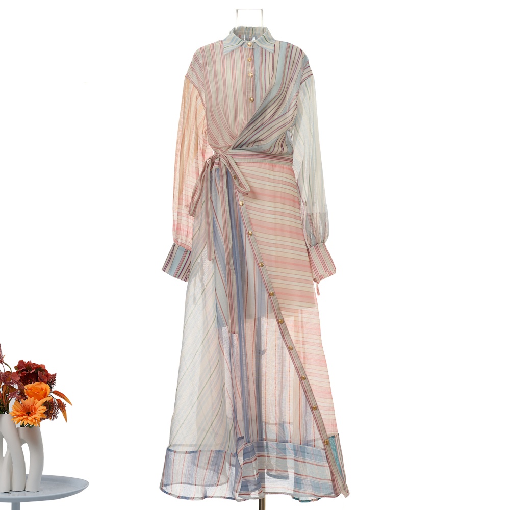 Fashion silk linen jumpsuit splice lapel long dress