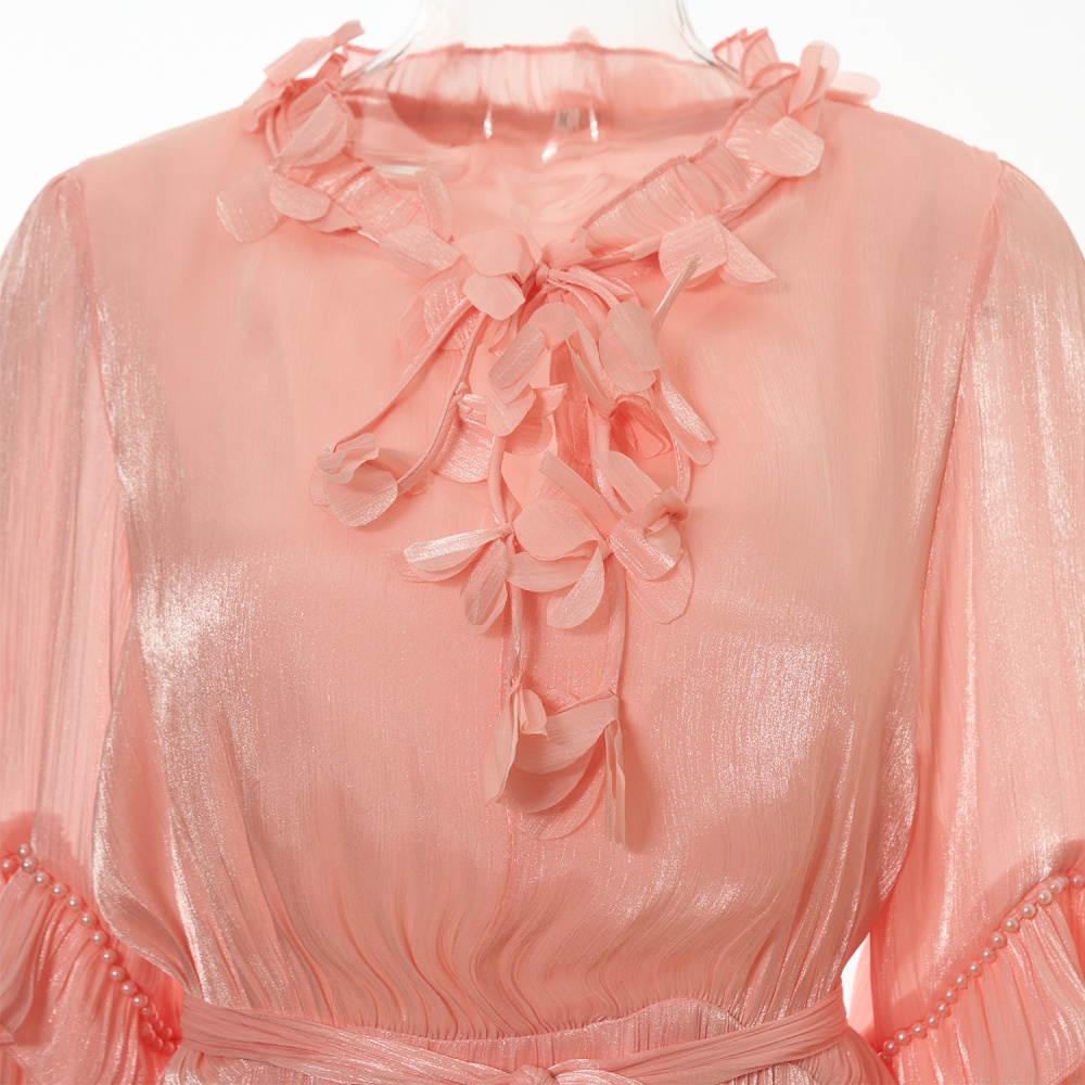 Vacation multilayer long frenum pearl lace dress