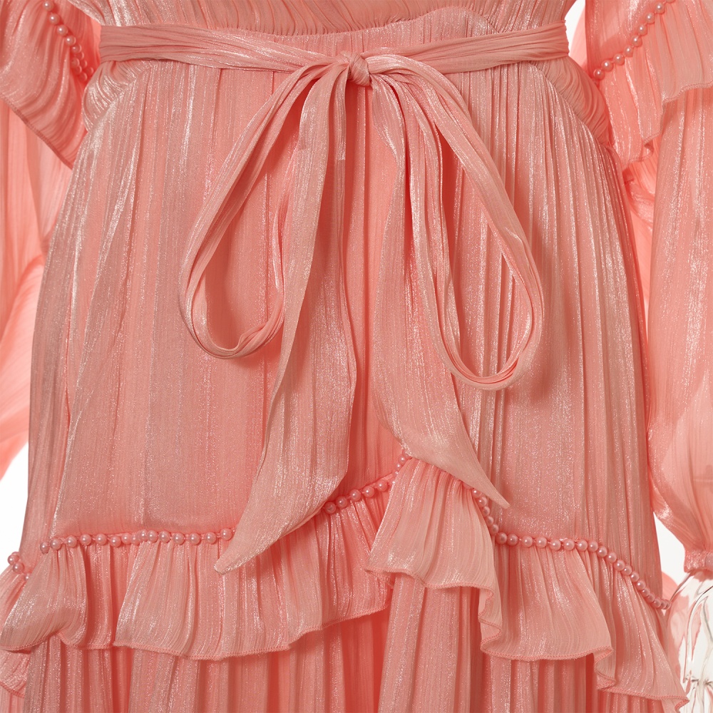 Vacation multilayer long frenum pearl lace dress