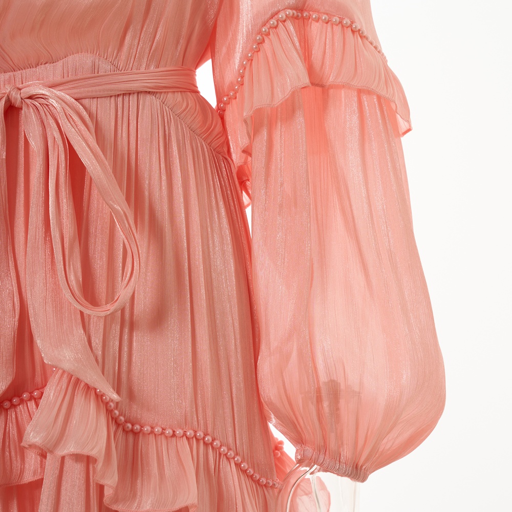 Vacation multilayer long frenum pearl lace dress