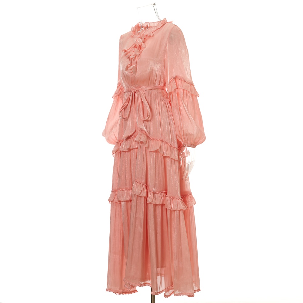 Vacation multilayer long frenum pearl lace dress