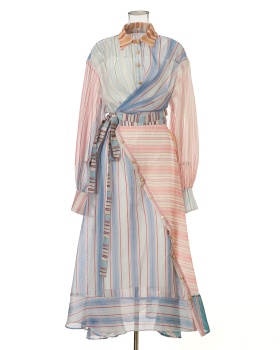 Lapel splice vacation stripe silk linen skirt 3pcs set