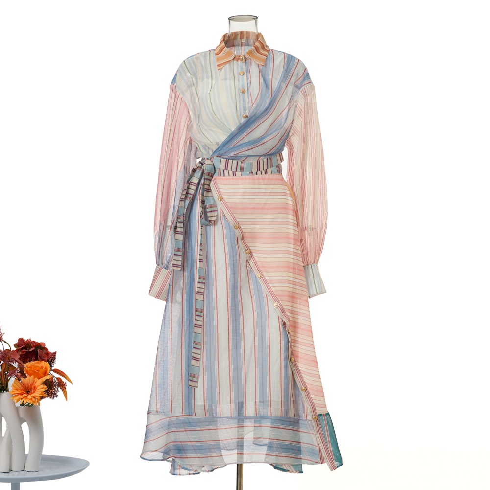 Lapel splice vacation stripe silk linen skirt 3pcs set