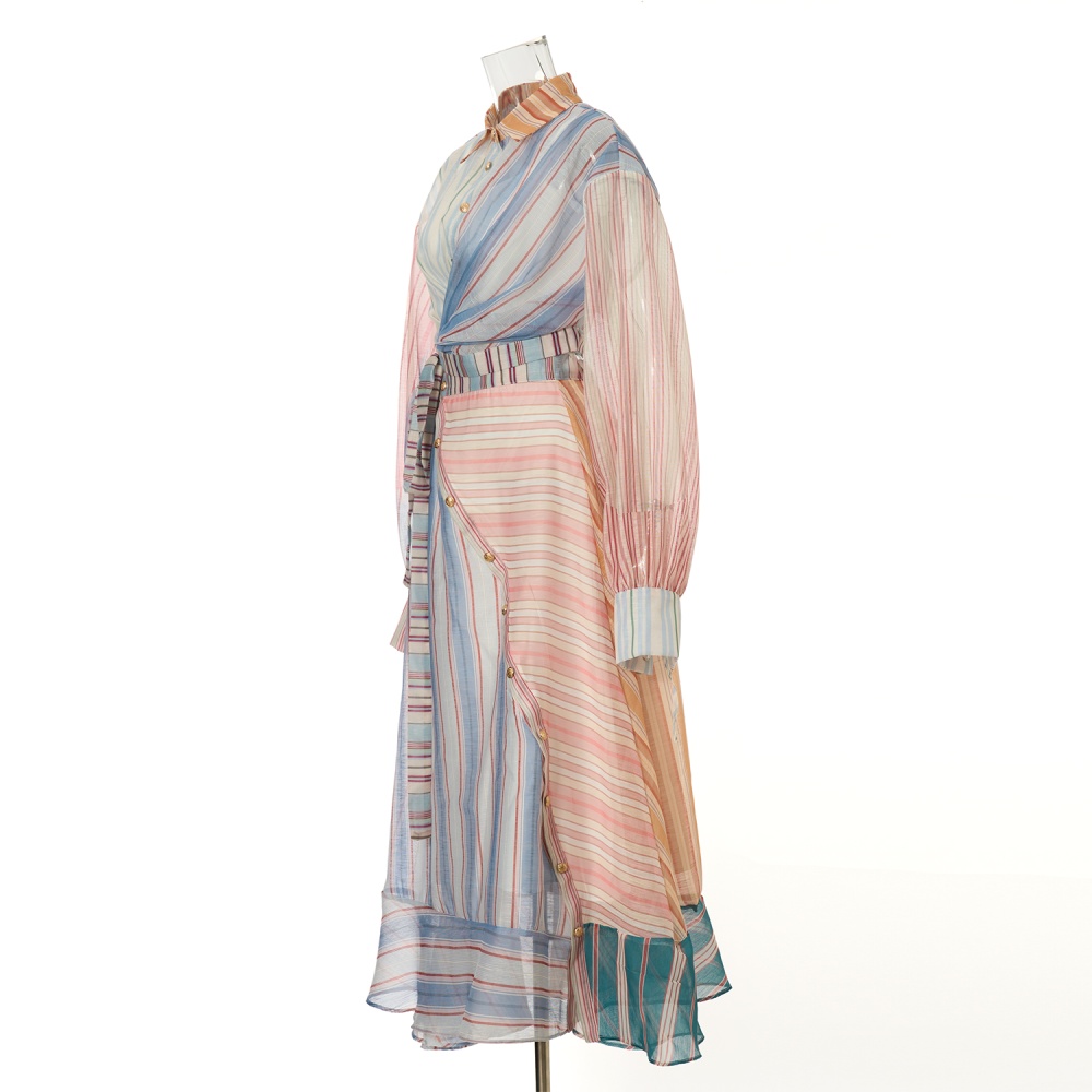 Lapel splice vacation stripe silk linen skirt 3pcs set