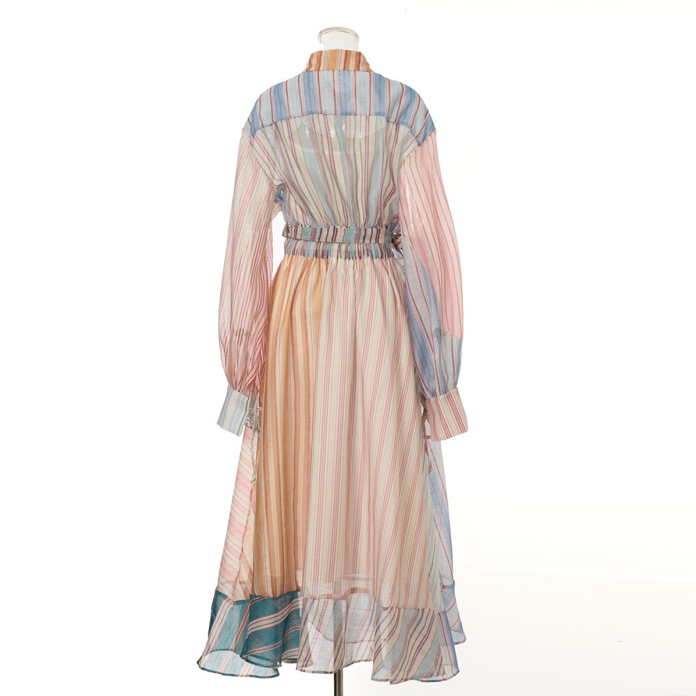 Lapel splice vacation stripe silk linen skirt 3pcs set