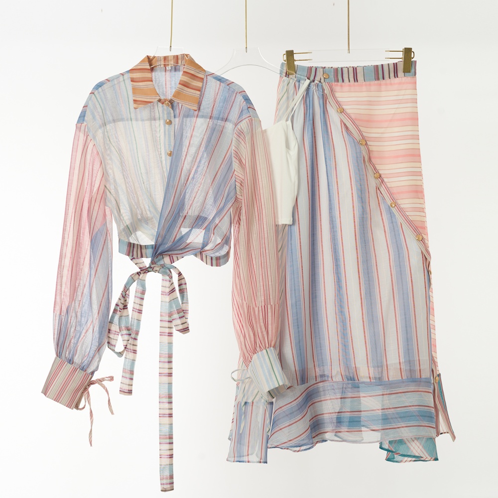 Lapel splice vacation stripe silk linen skirt 3pcs set