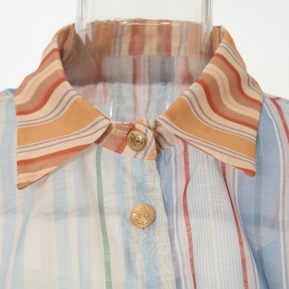 Lapel splice vacation stripe silk linen skirt 3pcs set