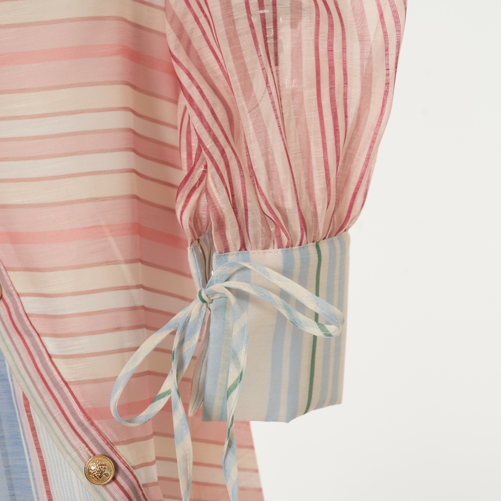 Lapel splice vacation stripe silk linen skirt 3pcs set