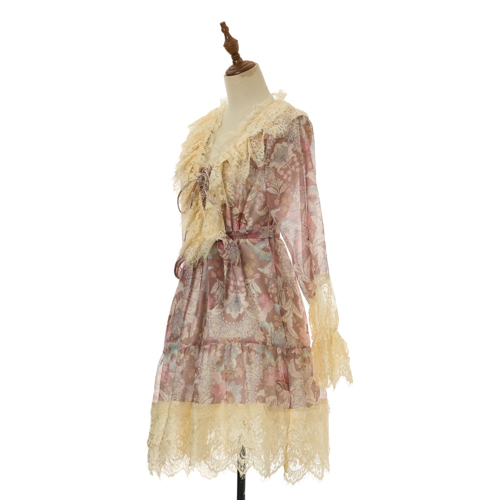 Slim lace embroidery pinched waist spring printing dress