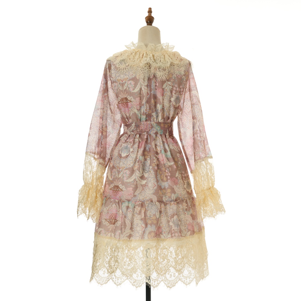 Slim lace embroidery pinched waist spring printing dress