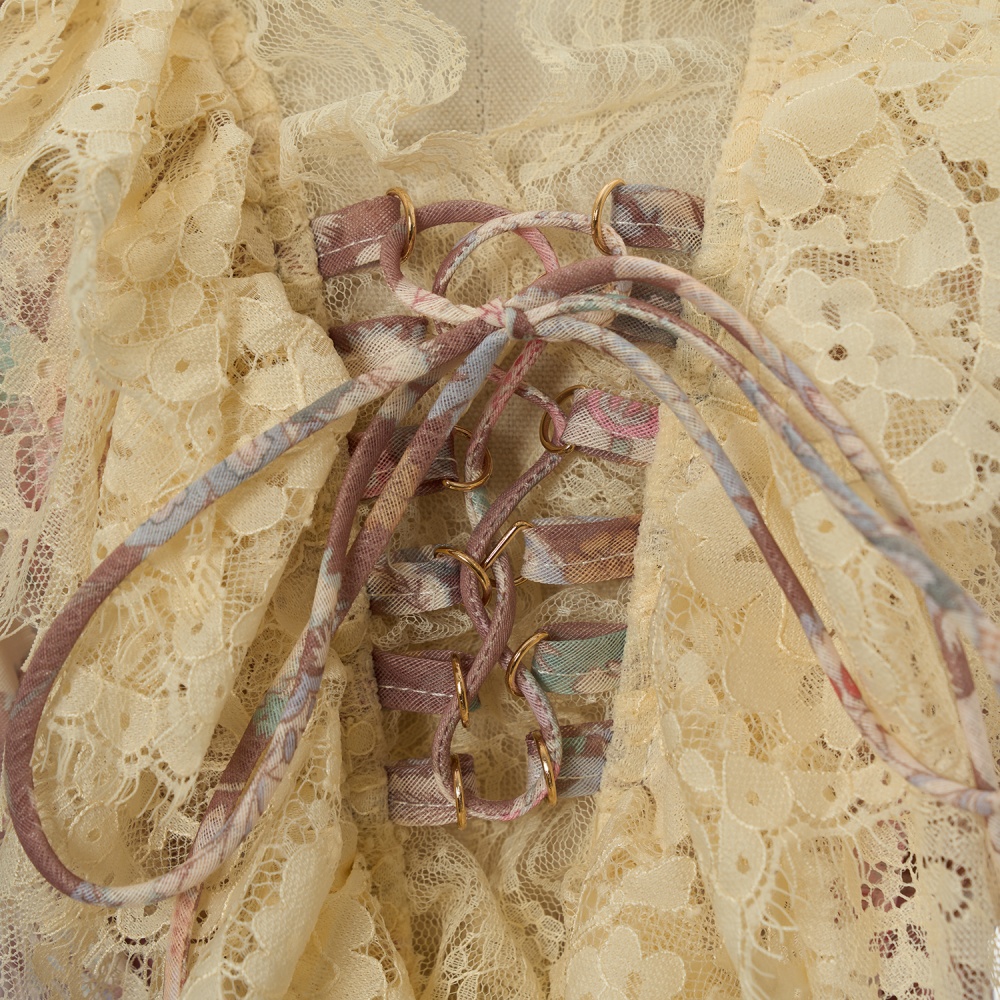 Slim lace embroidery pinched waist spring printing dress