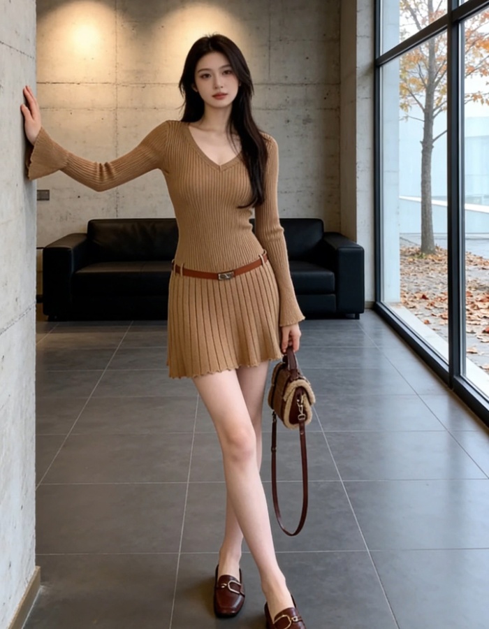 Trumpet sleeves bottoming dress knitted slim T-back