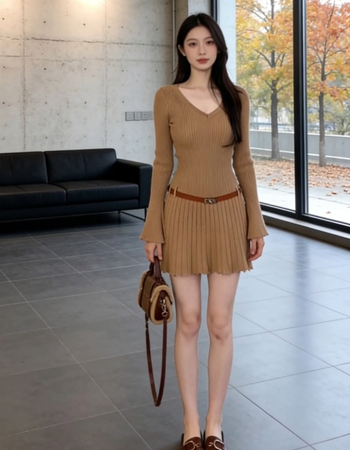 Trumpet sleeves bottoming dress knitted slim T-back