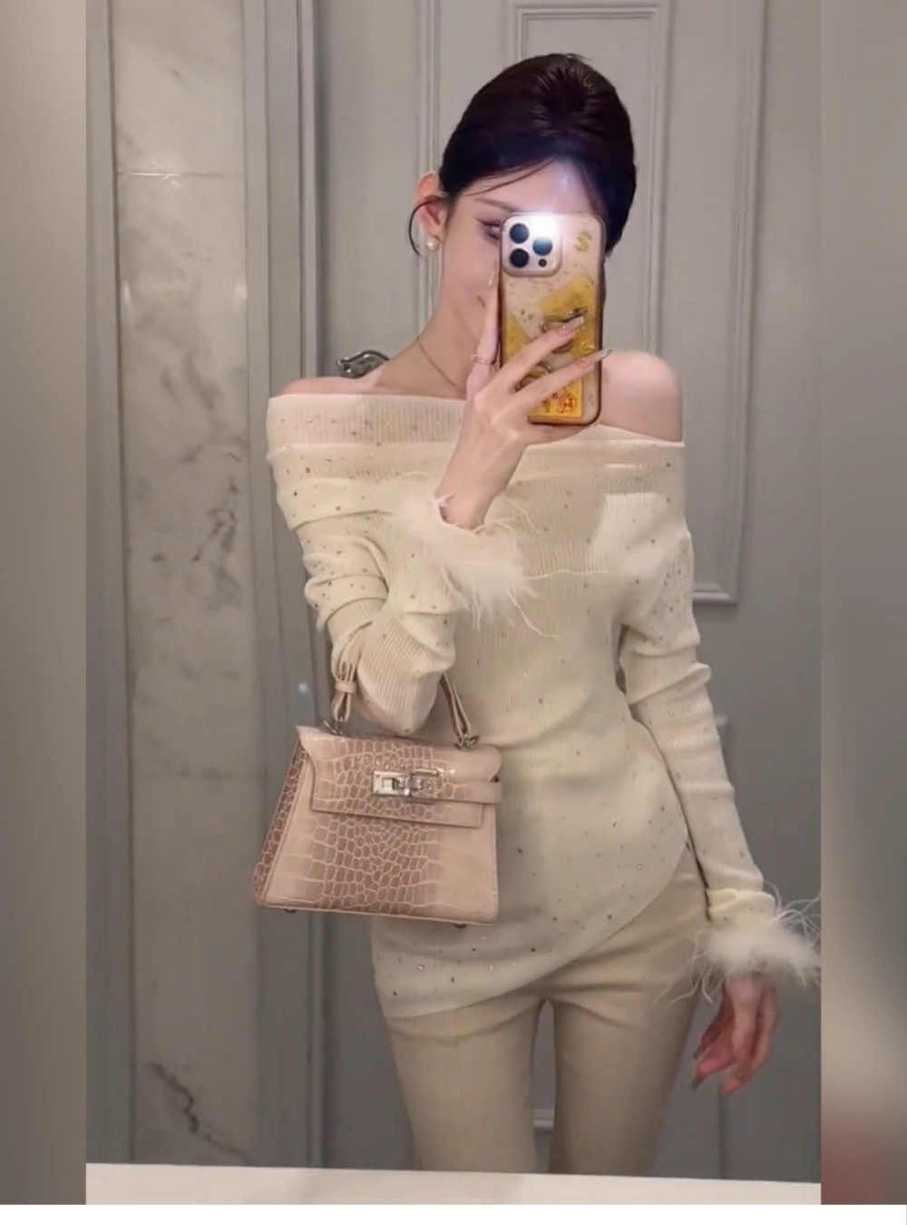 White strapless enticement elmo flat shoulder sweater