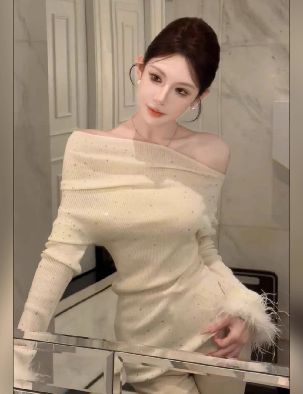 White strapless enticement elmo flat shoulder sweater