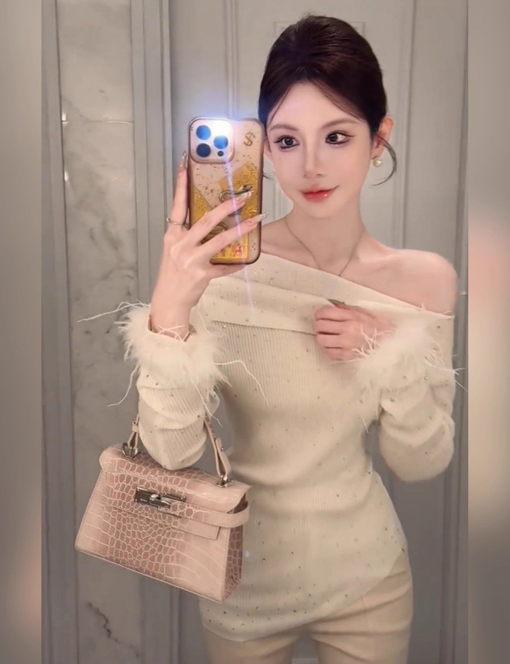 White strapless enticement elmo flat shoulder sweater