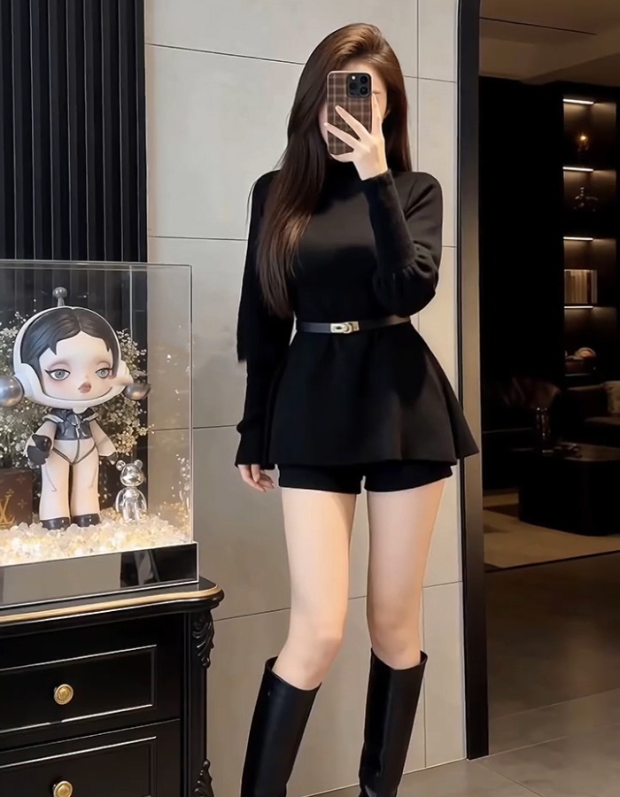 With belt lantern sleeve tops thick sweater