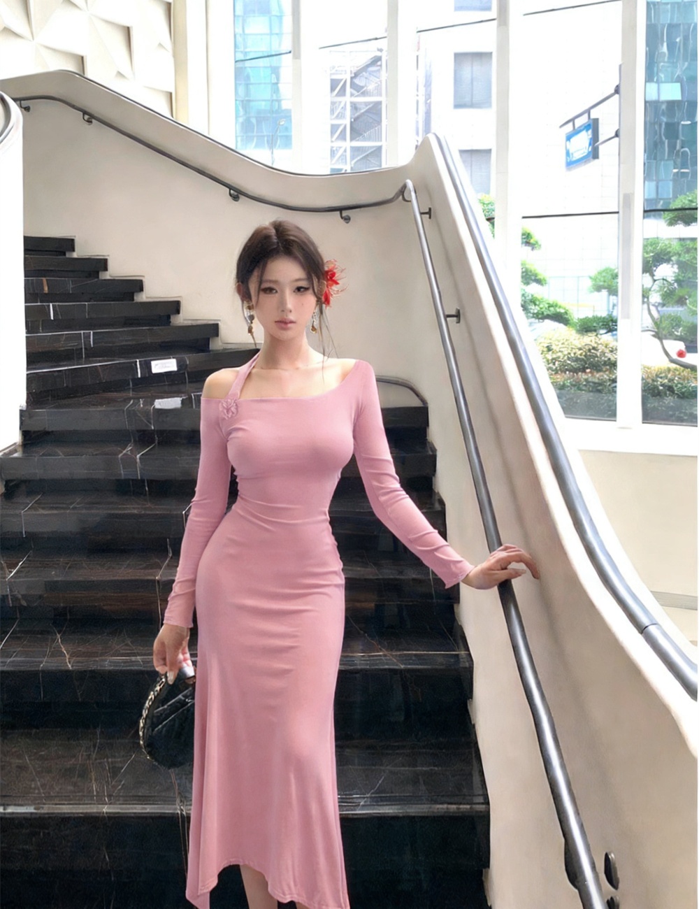 Sexy flat shoulder pinched waist slim irregular dress