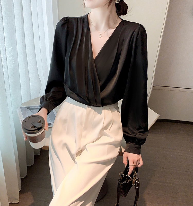 Spring satin tops all-match long sleeve shirt