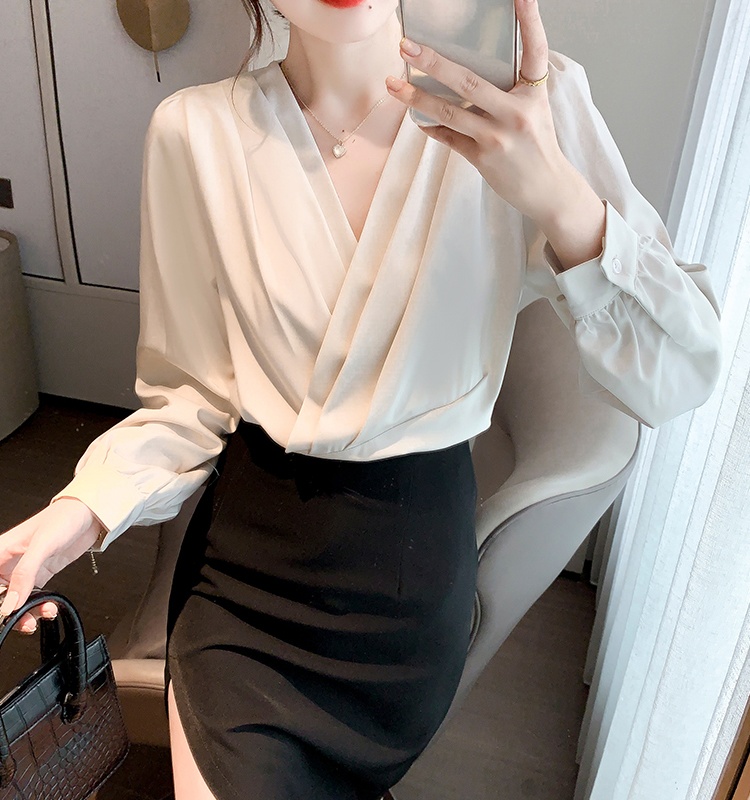 Spring satin tops all-match long sleeve shirt