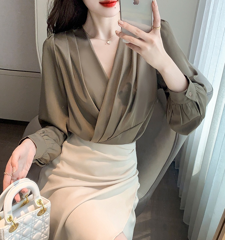 Spring satin tops all-match long sleeve shirt