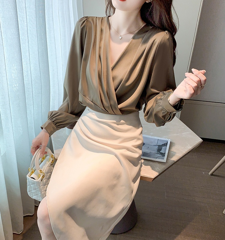 Spring satin tops all-match long sleeve shirt