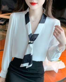 Satin spring all-match tops long sleeve V-neck shirt