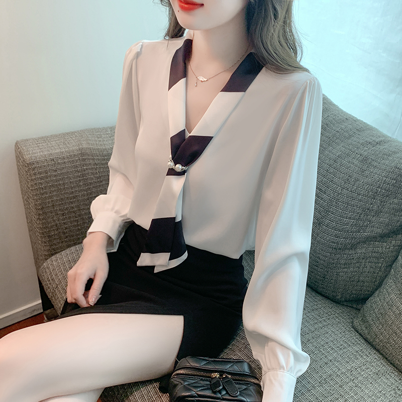 Satin spring all-match tops long sleeve V-neck shirt