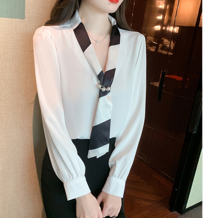 Satin spring all-match tops long sleeve V-neck shirt