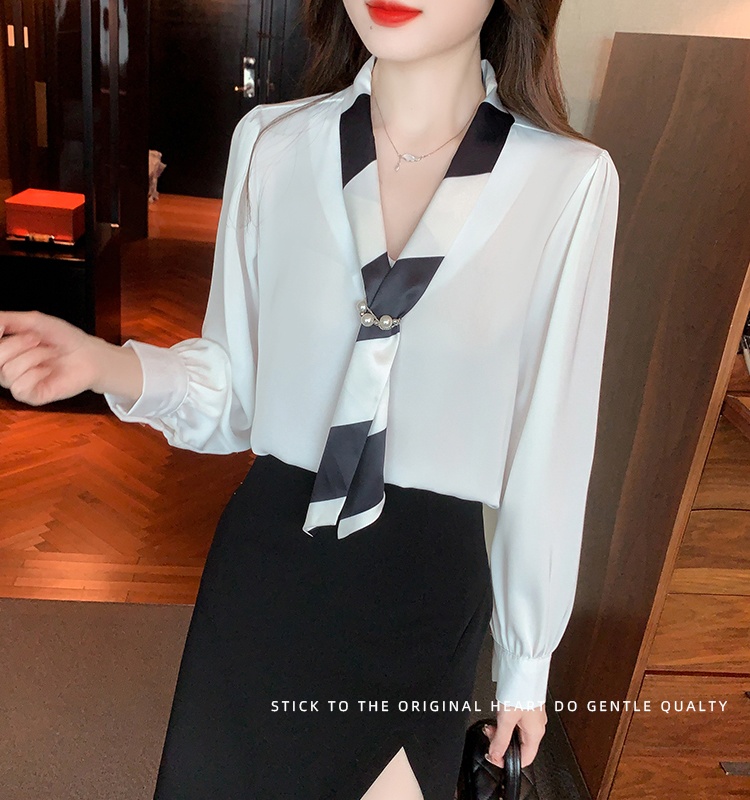 Satin spring all-match tops long sleeve V-neck shirt