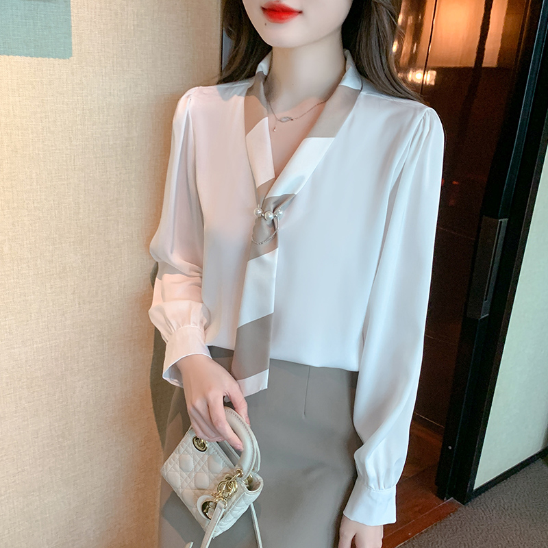 Satin spring all-match tops long sleeve V-neck shirt