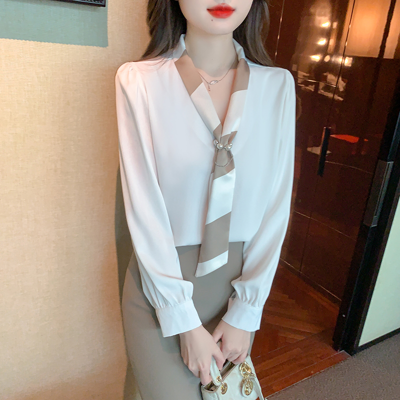 Satin spring all-match tops long sleeve V-neck shirt