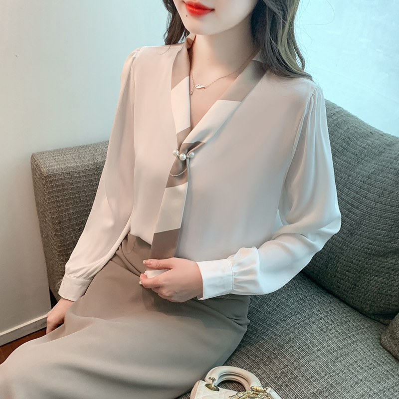 Satin spring all-match tops long sleeve V-neck shirt