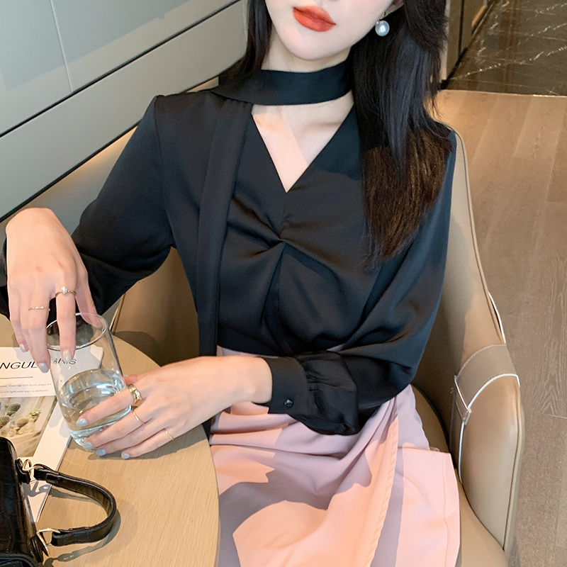 Long sleeve all-match tops satin frenum shirt for women