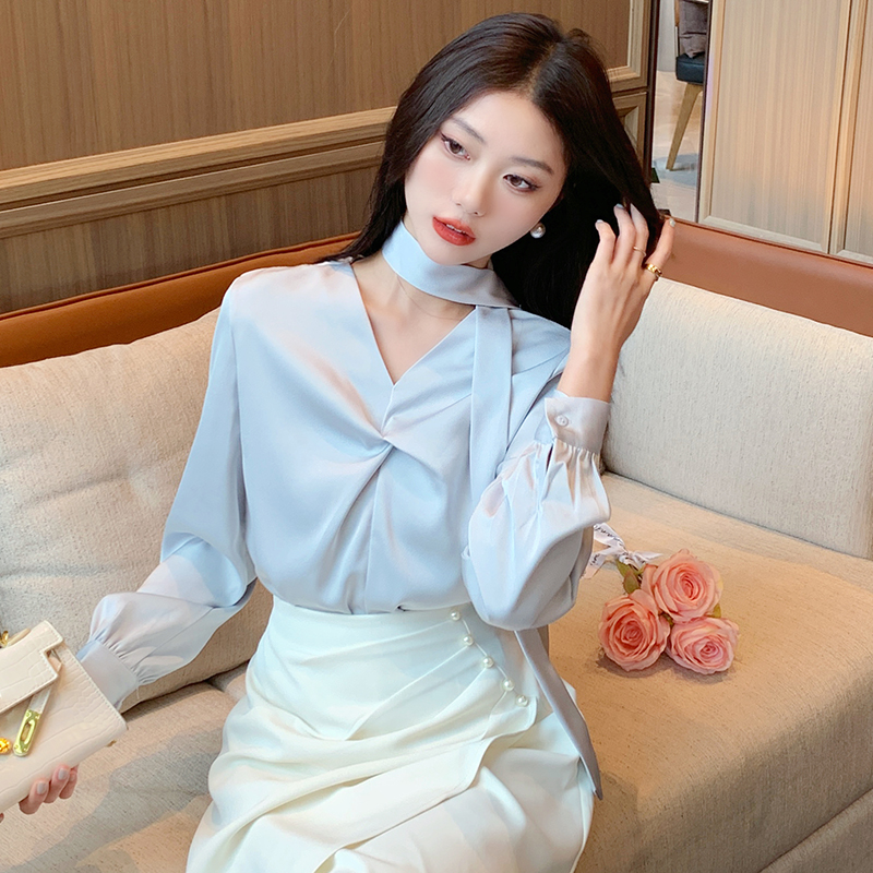 Long sleeve all-match tops satin frenum shirt for women