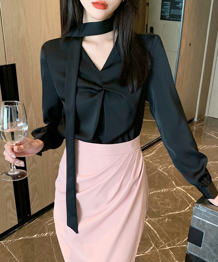 Long sleeve all-match tops satin frenum shirt for women