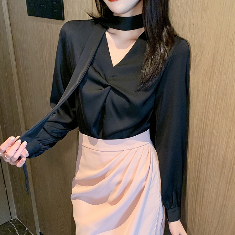 Long sleeve all-match tops satin frenum shirt for women