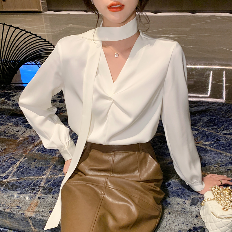 Long sleeve all-match tops satin frenum shirt for women