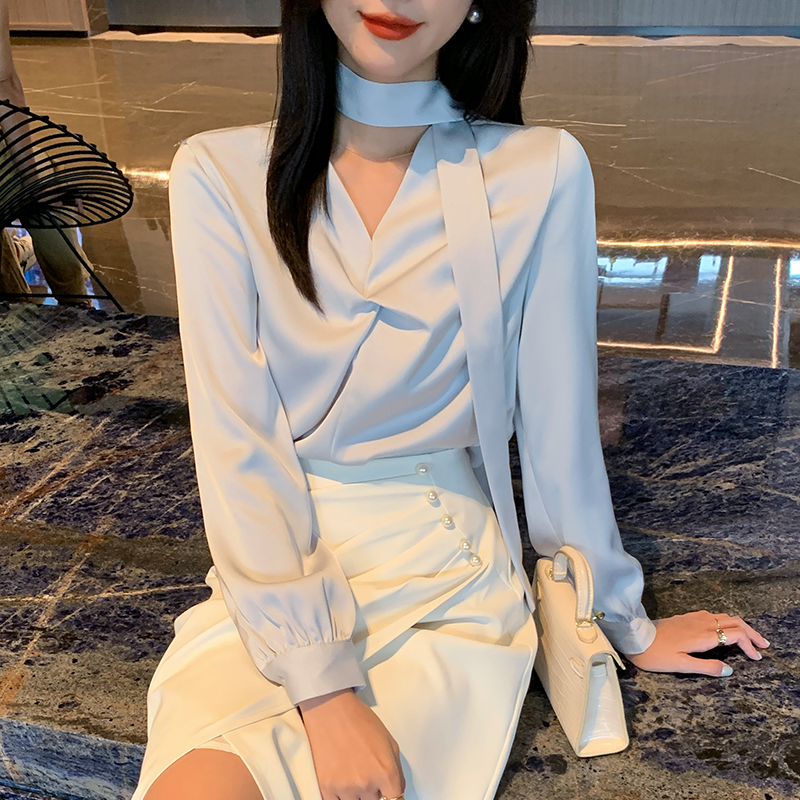 Long sleeve all-match tops satin frenum shirt for women