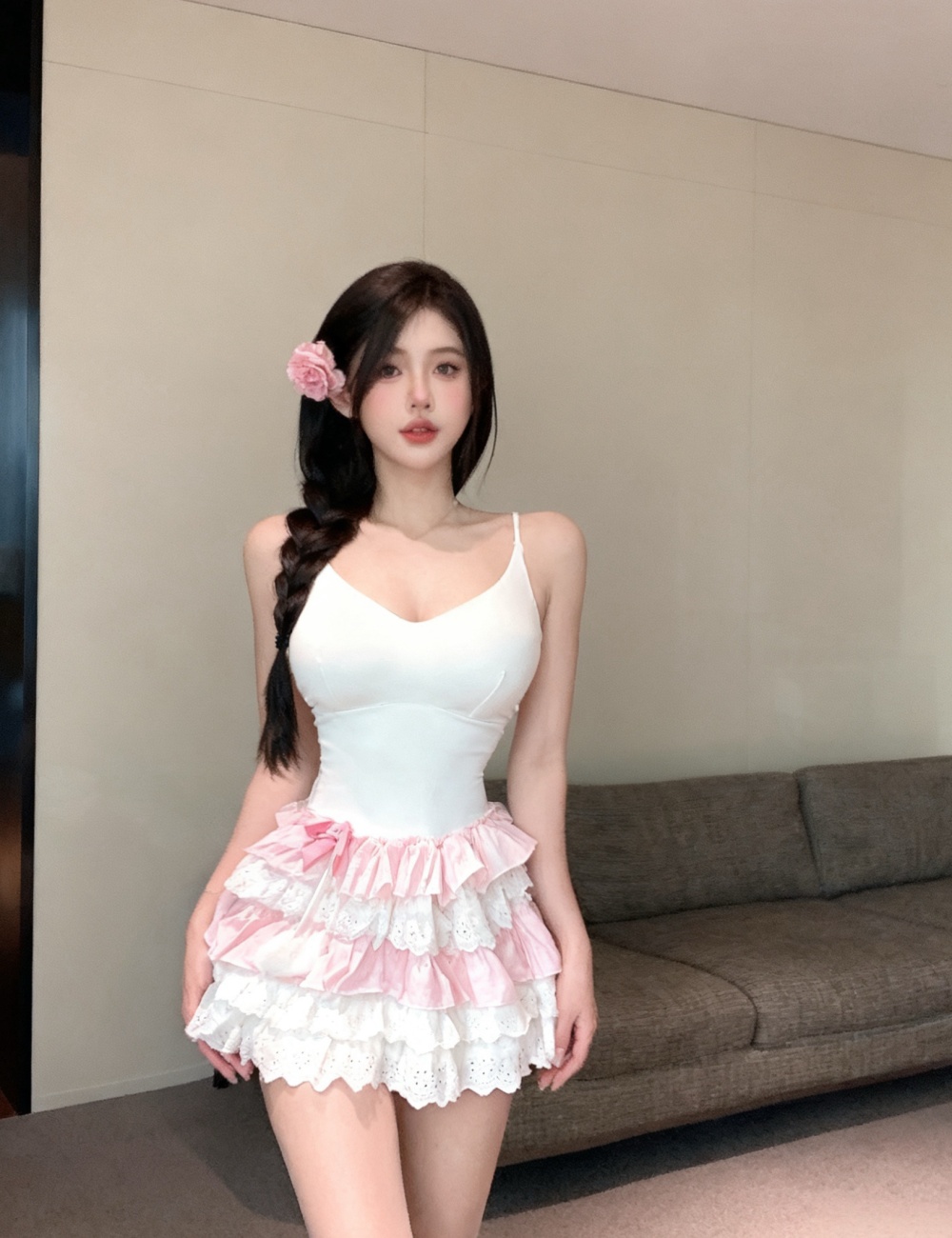 Chest pad cake multilayer dress integrated sling T-back