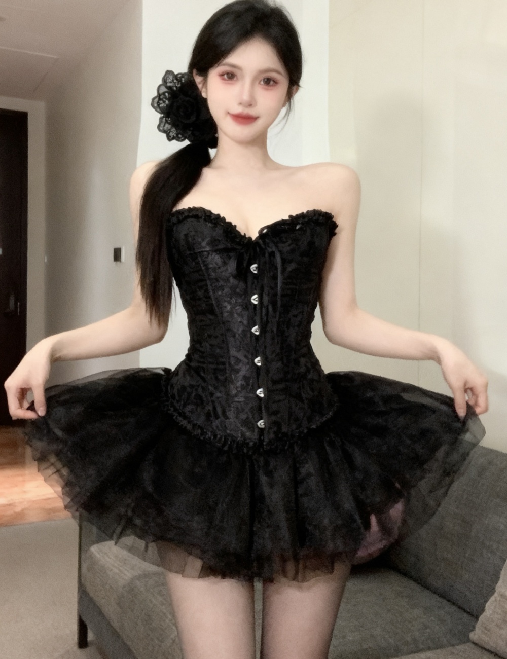 Sexy wrapped chest skirt multilayer tops a set for women